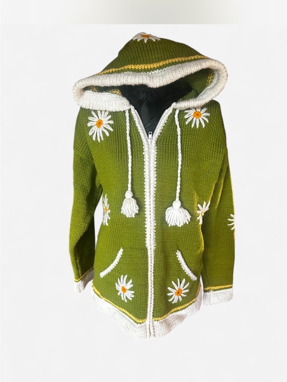 Olive Green Daisy Embroidered Hooded Zip Cardigan